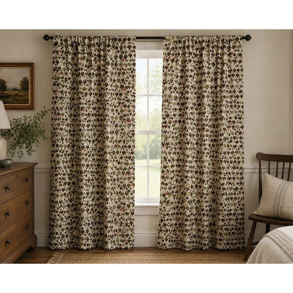 Handmade Leaf Print Curtain Panels 4pc 45x82 Floral Vintage MCM Ivy green beige